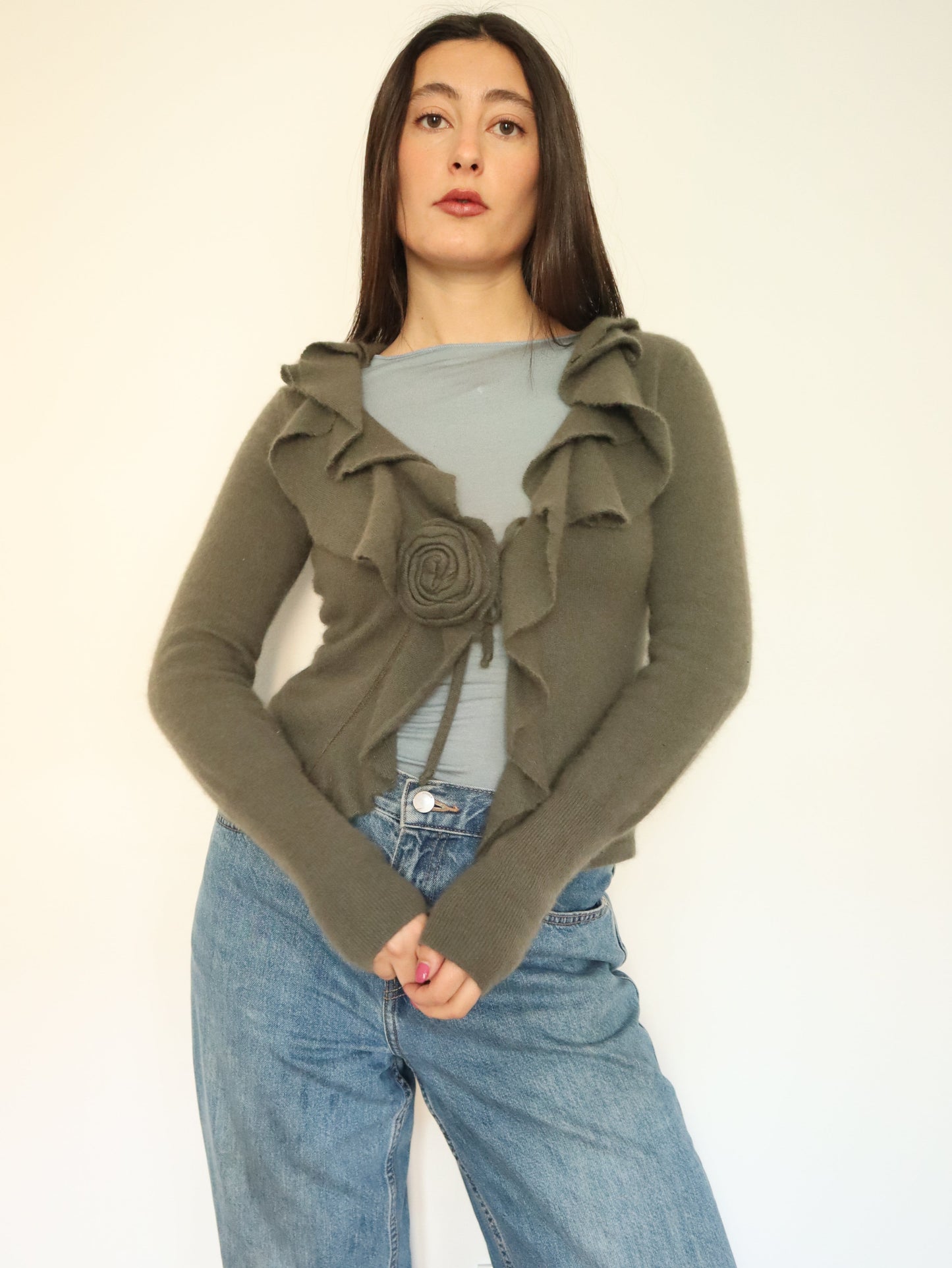 Green ruffle cardigan