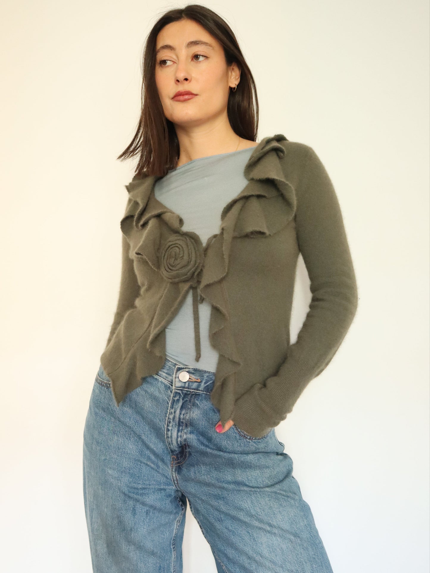 Green ruffle cardigan