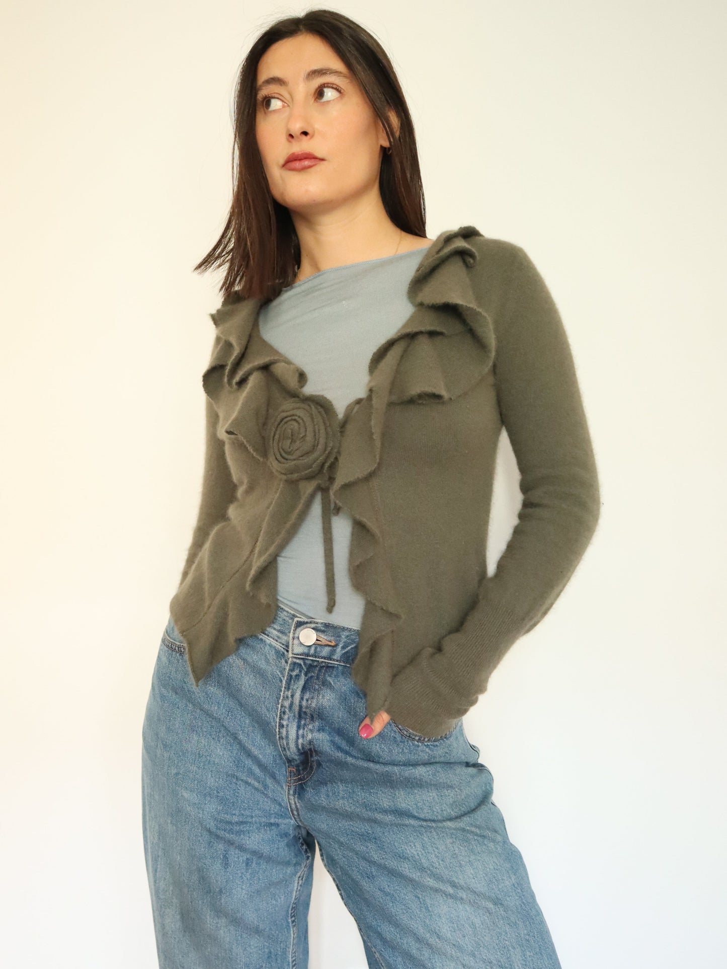 Green ruffle cardigan