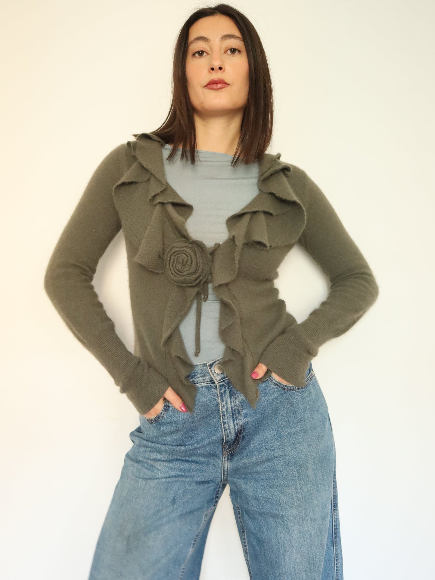 Green ruffle cardigan