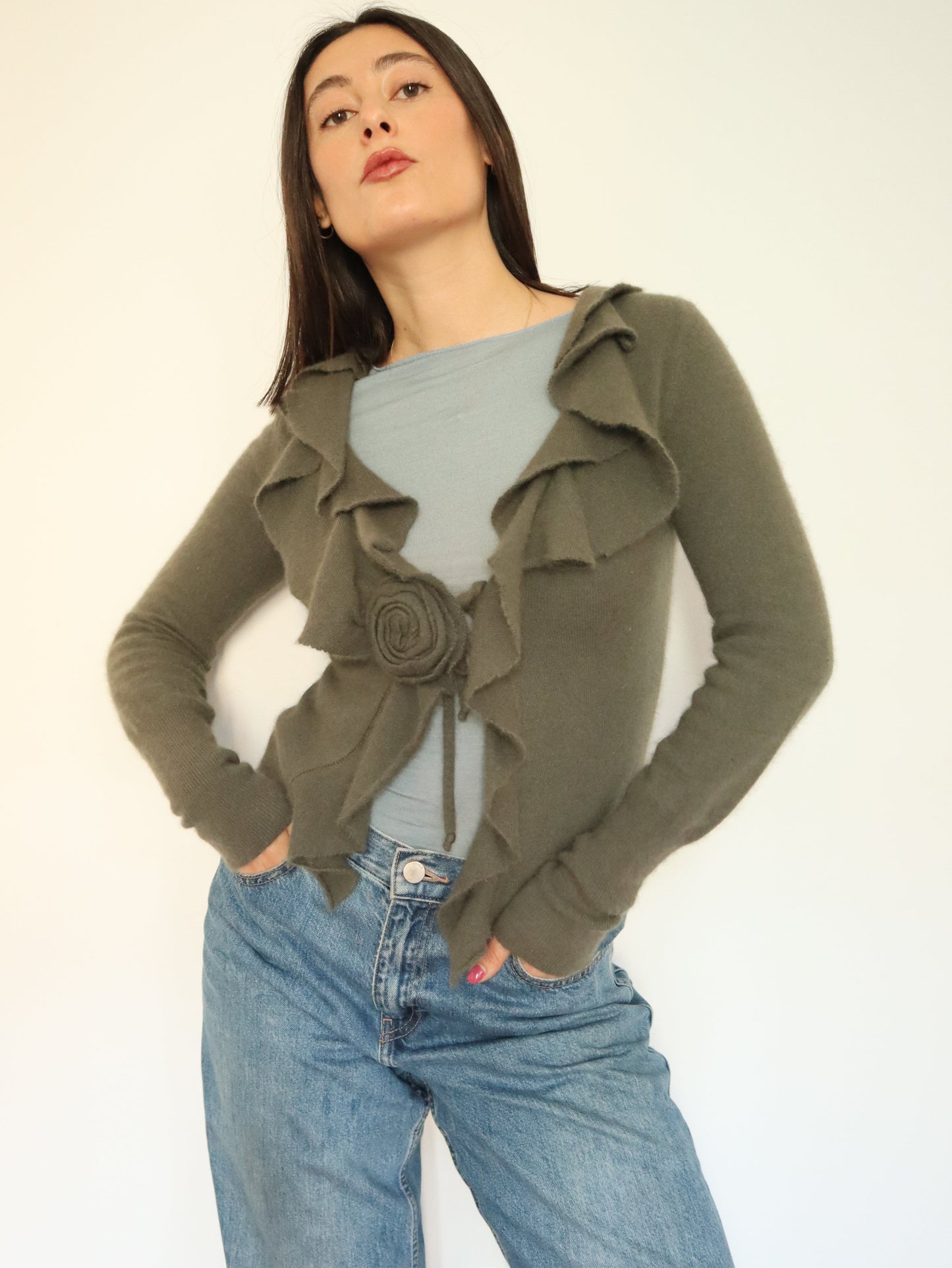 Green ruffle cardigan