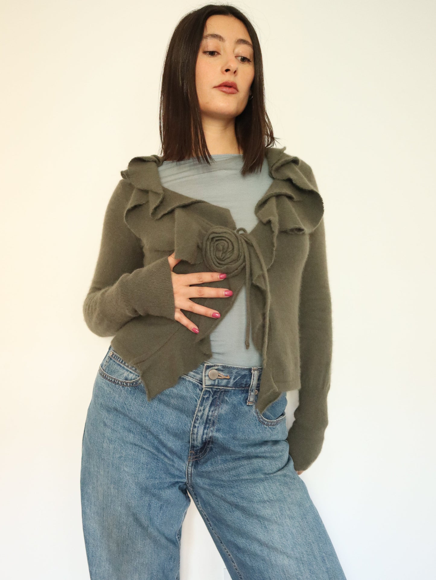 Green ruffle cardigan