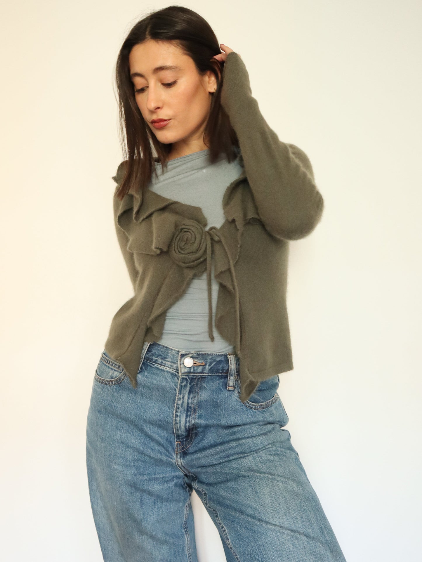 Green ruffle cardigan