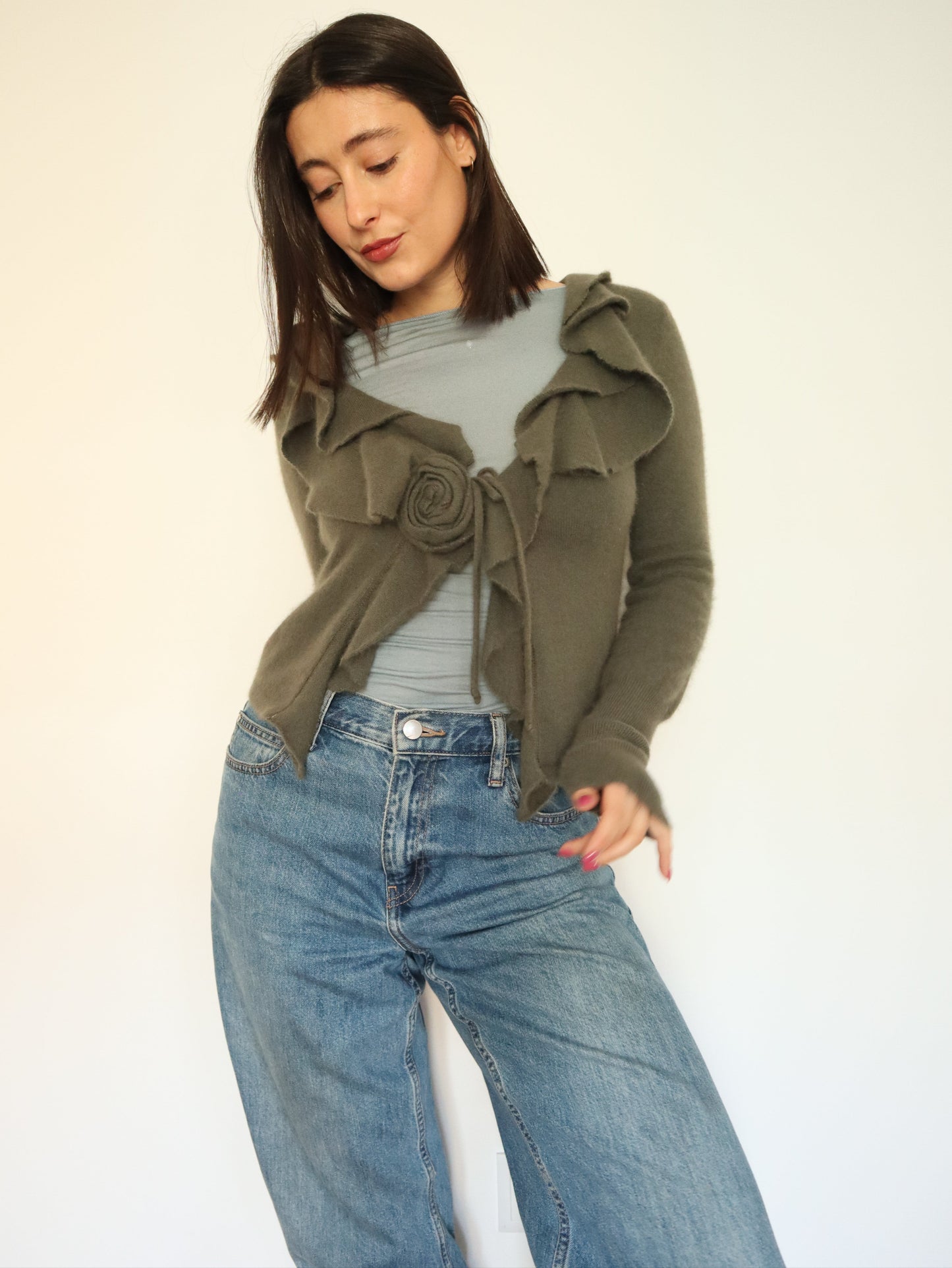 Green ruffle cardigan