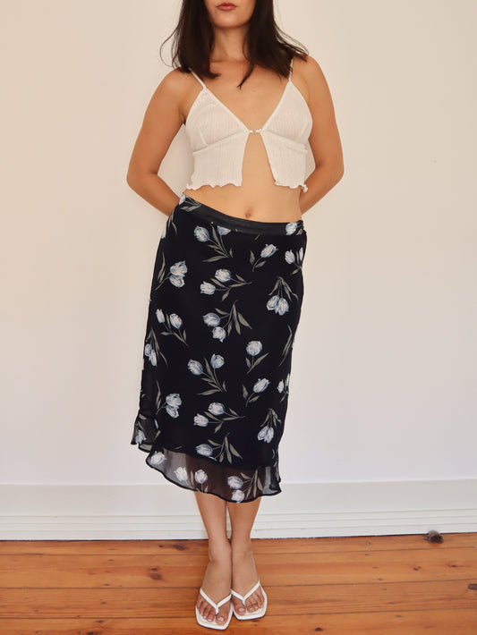 Navy floral midi skirt